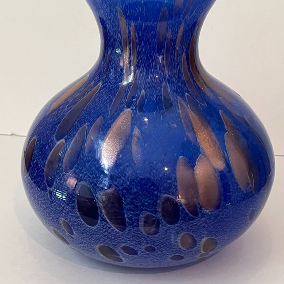 Maestri Vetrai Blown Glass Vase Made In Murano Italy Deep Blue Speckled Copper - Picture 10 of 15